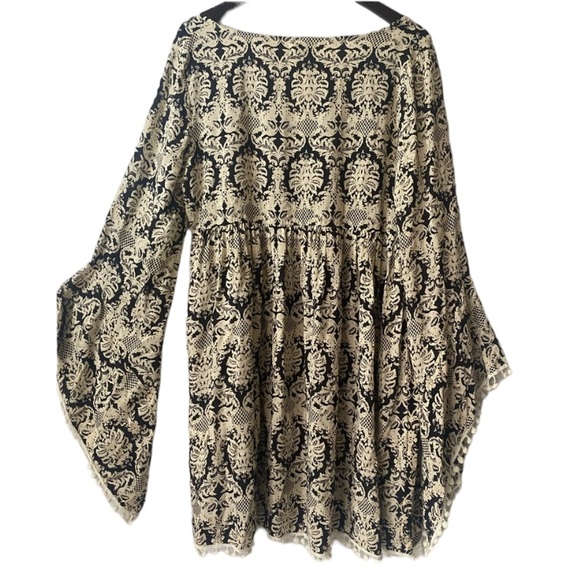 Velzera Black Damask Bell-Sleeve Bohemian Pattern Midi Dress Women’s Size L - Picture 6 of 16